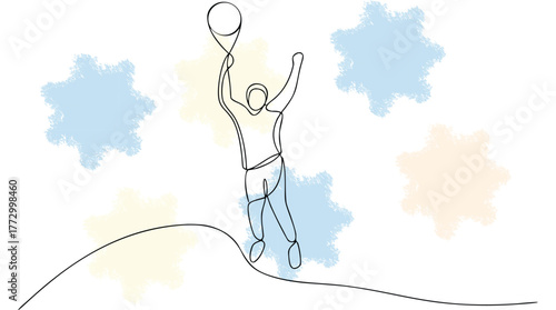 Line Art a Person Holding a Balloon with Abstract Pastel Shapes celebration single line