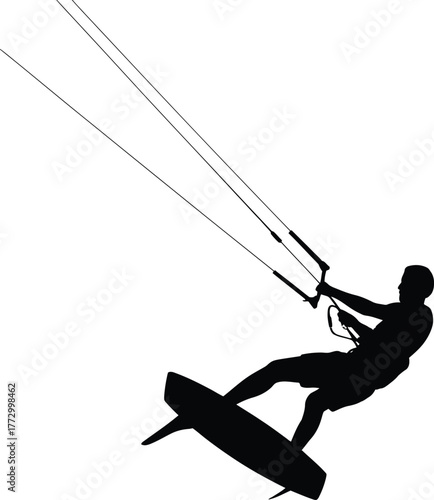 Dynamic Kitesurfer Silhouette on Kiteboard with Flying Kite Extreme Water Sports Lifestyle