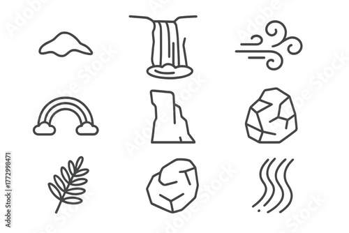 Northern Waterfall Icons. Line style icons of Northern Waterfall: Snow Patch, Plunge Pool, Mist, Rainbow, Cliff Face, Rock, Fern,