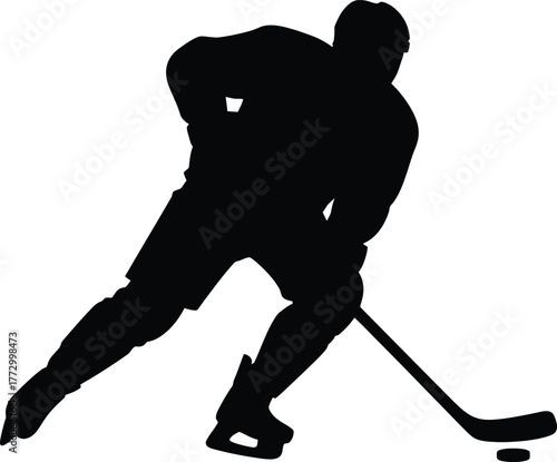 Dynamic Ice Hockey Player Silhouette Skillfully Gliding Across Rink with Hockey Stick