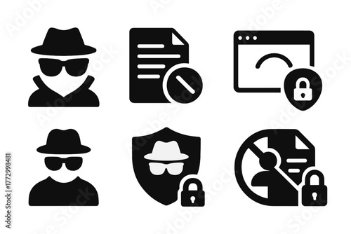 Privacy Protection Icons. Solid style icons of Privacy Protection: masked face, hidden data, private browser, secure chat,