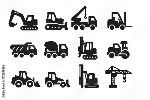 Heavy Machinery Icons. Solid style icons of Heavy machinery: excavator, bulldozer, crane truck, forklift, dump truck, cement truck