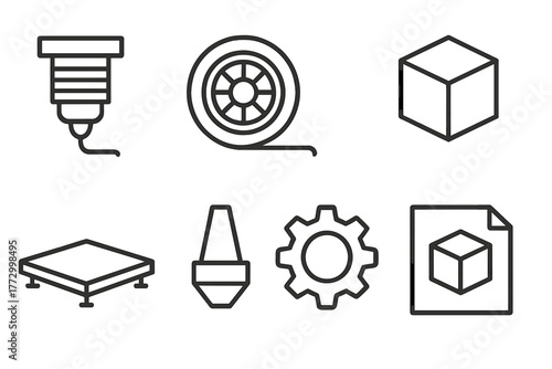 3D Printing Icons. Line style icons of 3D Printing: Extruder Head, Filament, 3D Model, Print Layers, Build Platform, Nozzle, Gear,