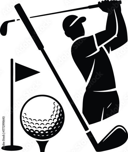 Golf Sport Equipment with Player Silhouette Swinging Club Golf Ball and Flag on Tee