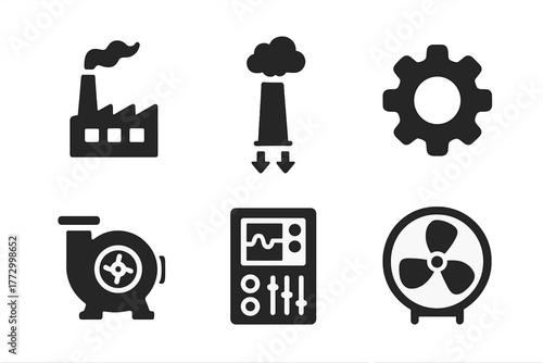 Industrial Icon Set. Solid style icons of industrial capture: factory, smokestack with arrows down, chimney filter, gear, pump,
