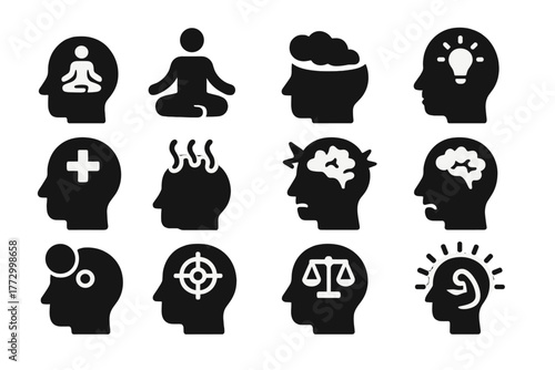 Mind Icon Collection. Solid style icons of Mind: mindful head, meditation mind, open mind, creative mind, calm mind, stressed mind