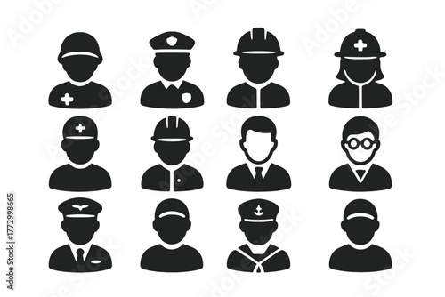Personnel Icons Overview. Solid style icons of Personnel: military personnel, police personnel, rescue personnel, fire personnel,