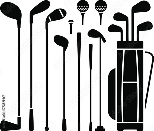 Golf Equipment Collection Set of Clubs Balls and Bag Silhouette Icons
