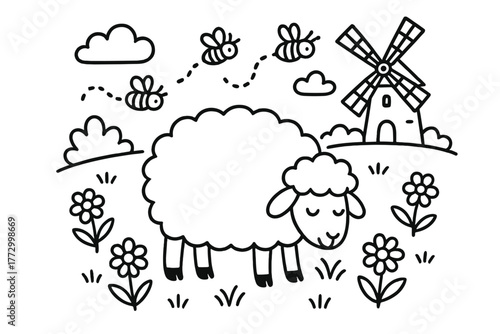Sheep in Meadow. Gentle sheep grazing in a meadow with a windmill, flowers, and buzzing bees around, black and white line art,