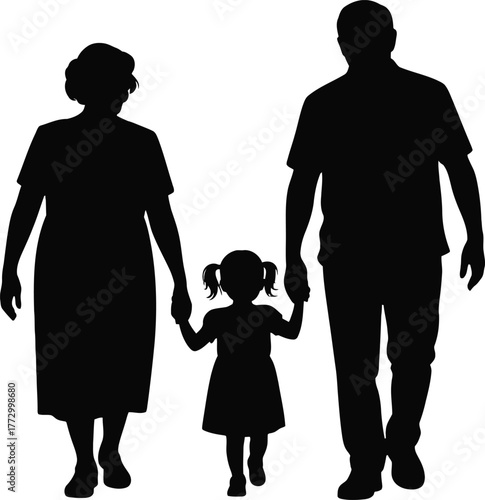 Grandparents and Little Granddaughter Walking Holding Hands Family Bonding Silhouette on Transparent Background