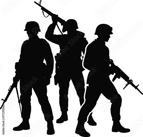 Group of Three Army Soldiers Silhouettes Holding Rifles in Various Poses Military Force Vector Graphic