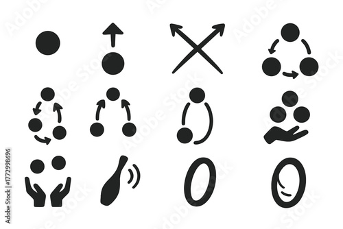 Juggling Icons Display. Solid style icons of Juggling Motion: falling ball, rising ball, crossing arcs, juggling pattern, cascade