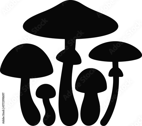 Group of assorted mushroom silhouettes forest fungi collection isolated on transparent background