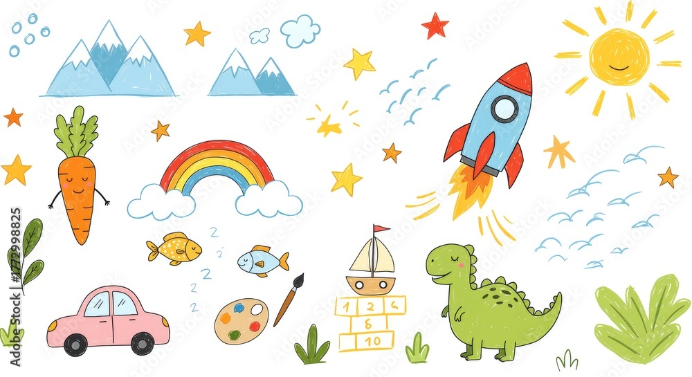 Fototapeta premium Cute childish drawings set on white background illustration rocket dinosaur rainbow sun stars mountains clouds fish car carrot sailboat