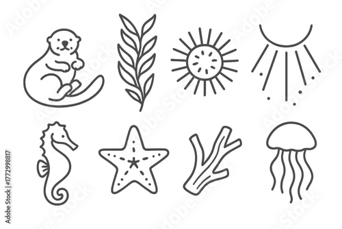 Kelp Forest Icons. Line style icons of Kelp Forest: Sea Otter, Kelp Frond, Sea Urchin, Sunbeam, Seahorse, Starfish, Driftwood,
