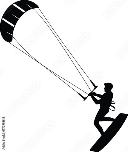 Kitesurfer Riding Waves Kiteboarding Sportsman Silhouette Vector Illustration Isolated on Transparent Background