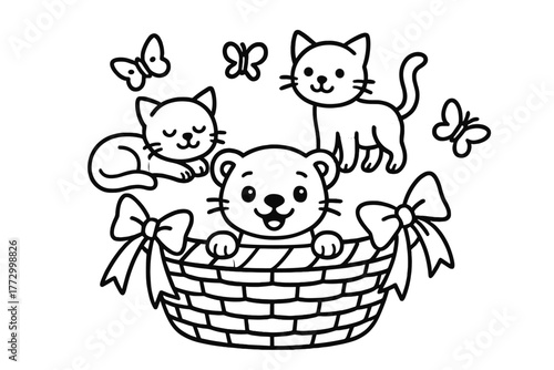 Ferret in Basket. Playful ferret poking its head out of a basket with ribbons, cats, and butterflies floating above, black and