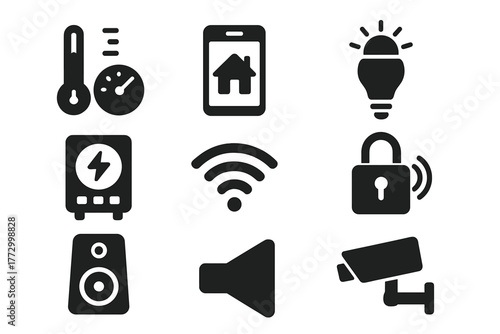 Smart Building Icons. Solid style icons of smart building technology: thermostat, smartphone app, light sensor, energy meter, wifi