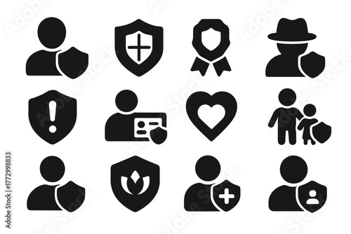 Personal Safety Icons. Solid style icons of personal safety: human silhouette with shield, health shield, safety badge, protected