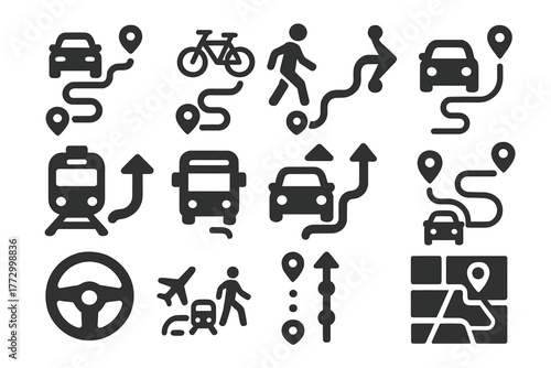 Transportation Navigation Icons. Solid style icons of transportation navigation: car route icon, bike route, walking navigation,