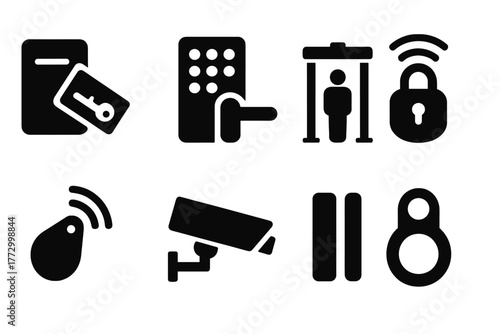 Access Control Icons. Solid style icons of Access Control: keycard reader, keypad lock, security gate, smart lock, RFID tag,