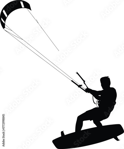 Kitesurfer Silhouette Riding Waves with Kiteboard and Power Kite Extreme Water Sport Activity