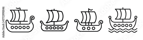 Viking ships icons set vector illustration of scandinavian longboats sailing ship norse boat fleet design