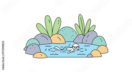 Person swimming in a hidden lagoon surrounded by rocks and plants  