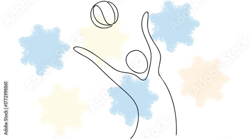 Minimalist single line drawing a person playing volleyball with abstract pastel splashes