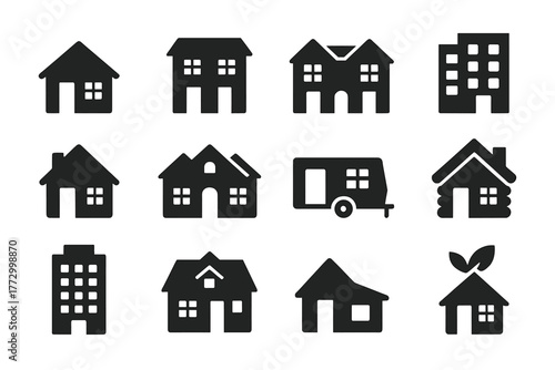 Residential Building Icons. Solid style icons of residential buildings: single-family house, townhouse, duplex, apartment block,