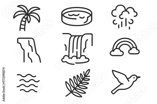 Tropical Waterfall Scene. Line style icons of Tropical Waterfall: Palm, Plunge Pool, Mist, Rainbow, Cliff Face, Fern, Flowing