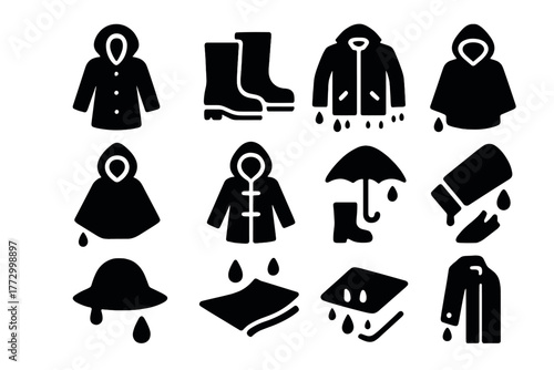 Wet Weather Icons. Solid style icons of wet weather clothing and gear: raincoat icon, rain boots, wet jacket symbol, poncho icon,