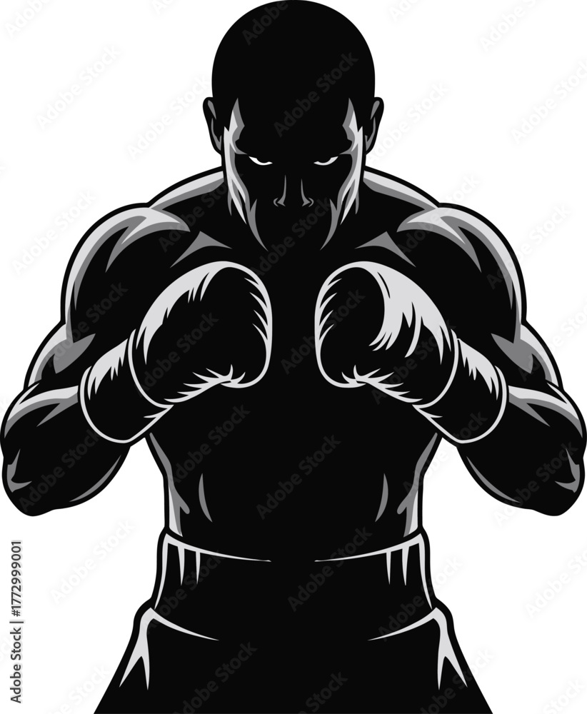 Fototapeta premium Muscular Boxer Man Silhouette in Fighting Stance with Boxing Gloves Isolated on Transparent Background