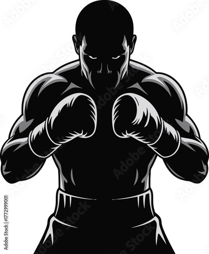 Muscular Boxer Man Silhouette in Fighting Stance with Boxing Gloves Isolated on Transparent Background