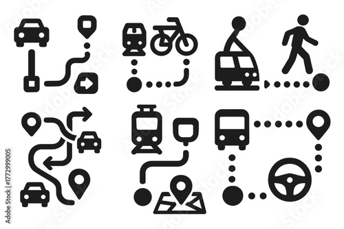 Transportation Navigation Icons. Solid style icons of transportation navigation: car route icon, bike route, walking navigation,