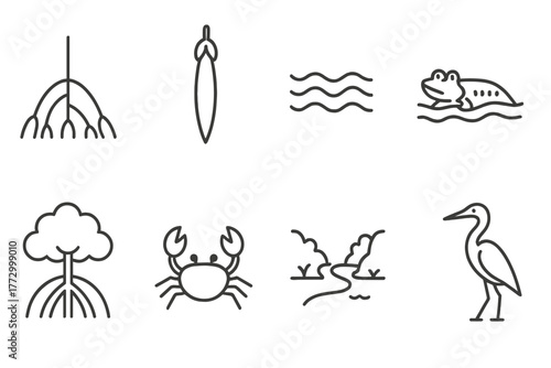 Mangrove Icons Collection. Line style icons of Mangrove Forest: Prop Roots, Seed Pod, Tide, Mudskipper, Mangrove Tree, Crustacean,