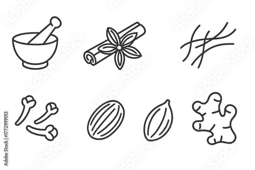 Spice Line Art. Line style icons of Spices: Mortar and Pestle, Cinnamon Stick, Star Anise, Saffron Thread, Cloves, Nutmeg,