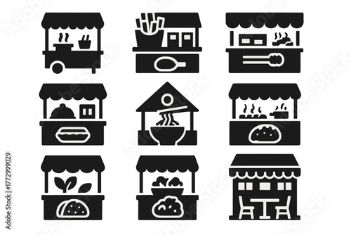 Eateries Icon Collection. Solid style icons of Eateries: street food stall, snack bar, cafeteria, buffet restaurant, noodle house,