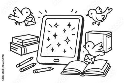 Magical Tablet Scene. Magical tablet with glowing screen surrounded by books, pencils, and little birds carrying messages, black