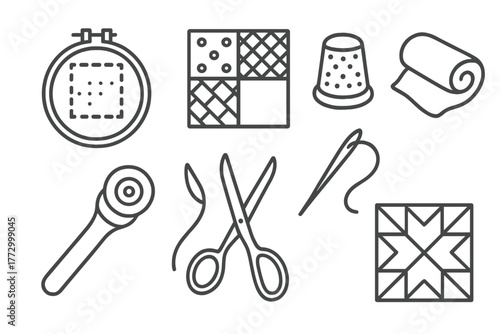 Quilting Icon Set. Line style icons of Quilting: Quilting Hoop, Patchwork, Thimble, Batting, Rotary Cutter, Fabric Scissors,