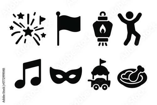 Festival Icons Collection. Solid style icons of festivals: fireworks, flag, lantern, dancing figure, music note, mask, parade