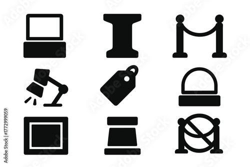 Exhibition Maintenance Icons. Solid style icons of exhibition maintenance: display case, pedestal, rope barrier, spotlight, label