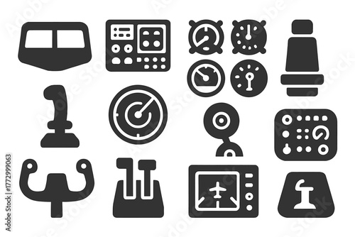 Solid Cockpit Icons. Solid style icons of airplane controls and cockpit: cockpit window, airplane controls, flight dashboard,