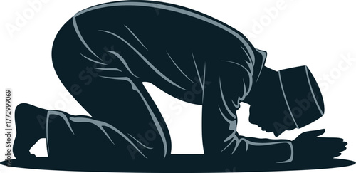 Muslim Man Praying Silhouette in Sujood Pose Islamic Prayer Posture Vector Illustration