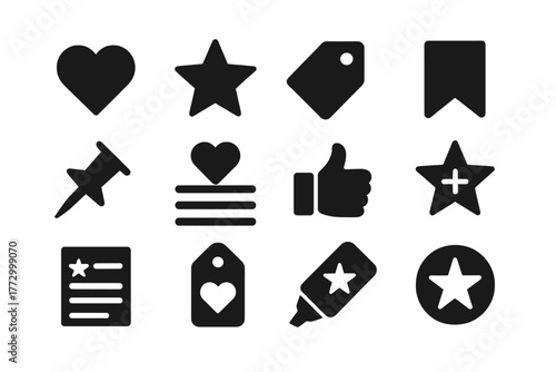 Favorite Icon Variations. Solid style icons of favorite and bookmarks: heart star, saved tag, bookmark ribbon, pin star, favorite