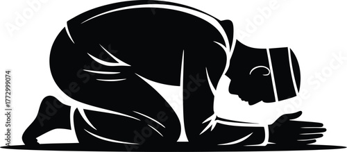 Muslim Man Silhouette Performing Prostration during Salat Prayer