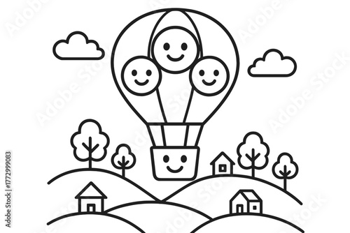 Joyful Balloon Adventure. A joyful hot air balloon with smiling faces floating above hills, trees, and tiny houses below, black