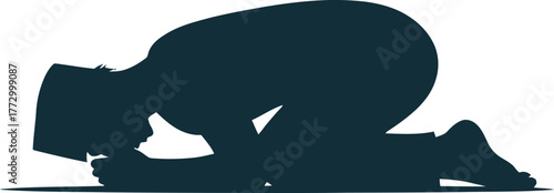 Muslim Man Silhouette Praying Prostrating During Salat Islamic Prayer Ritual against Background