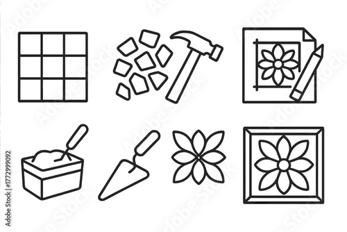 Mosaic Art Icons. Line style icons of Mosaic Art: Tile, Smalti, Hammer, Design Sketch, Grout, Trowel, Pattern, Mosaic Panel, No