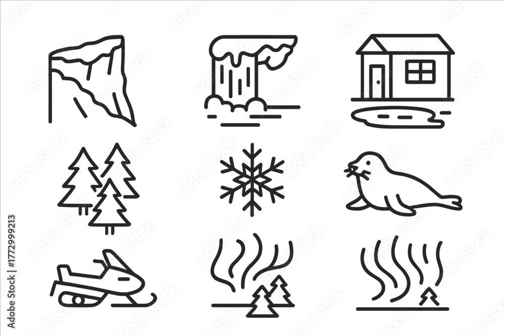 Fototapeta premium Winter Fjord Icons. Line style icons of Winter Fjord: Snowy Cliff, Frozen Waterfall, Ice Fishing Hut, Snowmobile, Pine Trees,